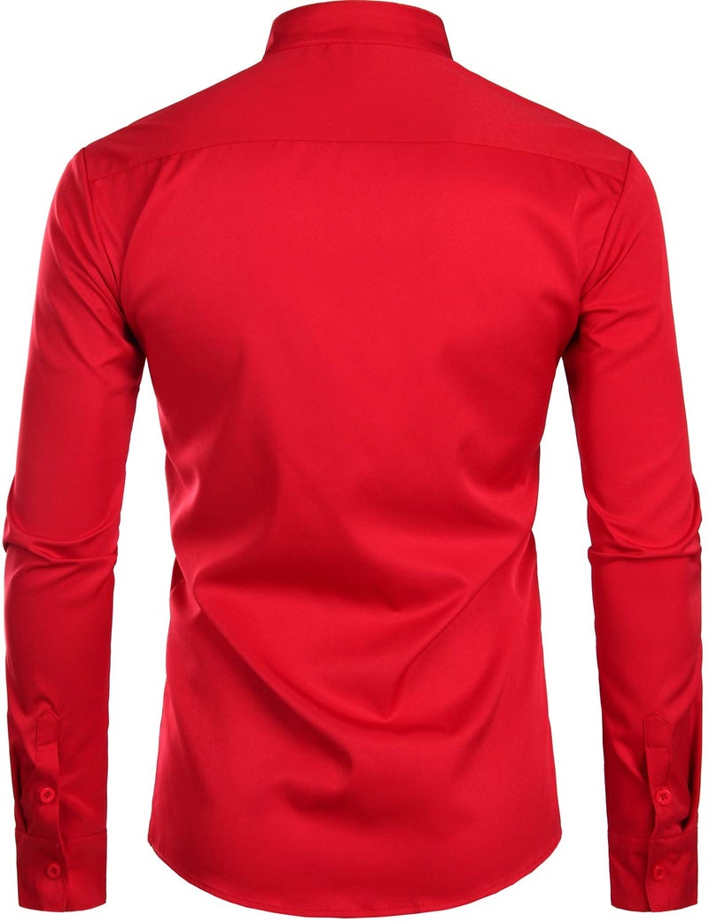 ZEROYAA Men's Banded Collar Slim Fit Long Sleeve Casual Button Down Dress Shirts with Pocket ZLCL09 Red X-Large - Image 2